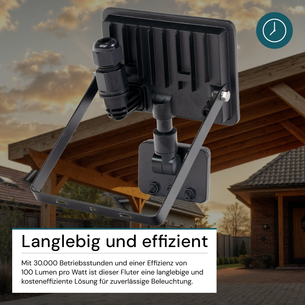 LED-Fluter mit Schnellverbinder & Bewegungsmelder, rahmenloses Design, 30 W, 4000 K (neutralweiß), 3000 lm, IP44