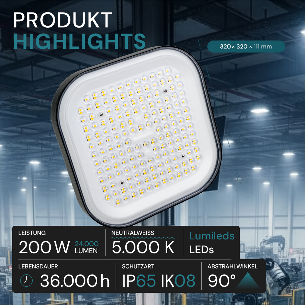 LED-HighBay, Hallenstrahler quadratisch, 200 W, 24000 lm, 5000 K (neutralweiß), IP65