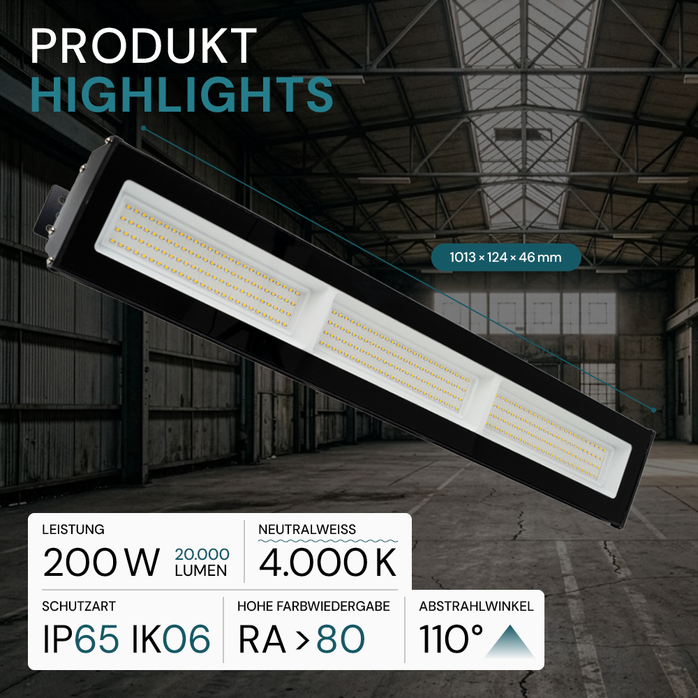 4er Pack LED-Hallenleuchte, linear, 200 W, 20000 lm, 4000 K (neutralweiß), IP65, schwarz