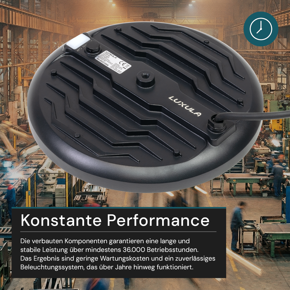 LED-HighBay, UFO, schwarz, 100 W, 10000 lm, 3CCT 3000-6500 K (warm-, neutral-, kaltweiß), IP65.
