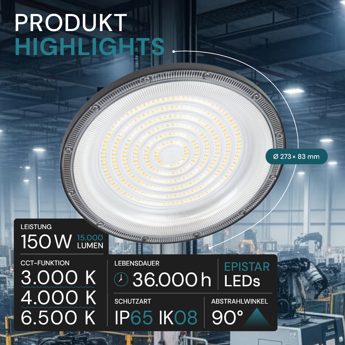 LED-HighBay, UFO, schwarz, 150 W, 15000 lm, 3CCT 3000-6500 K (warm-, neutral-, kaltweiß), IP65