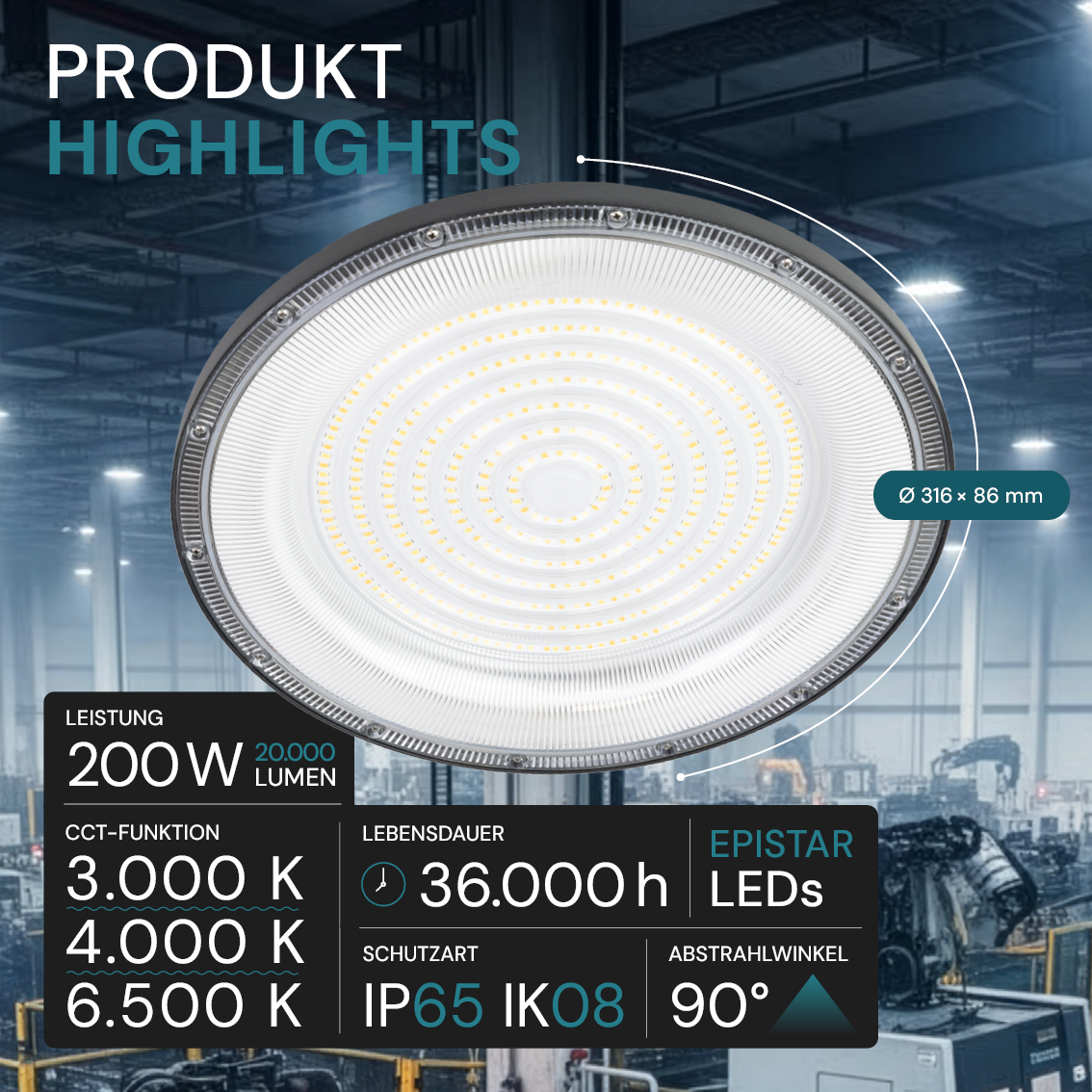 LED-HighBay, UFO, schwarz, 200 W, 20000 lm, 3CCT 3000-6500 K (warm-, neutral-, kaltweiß), IP65