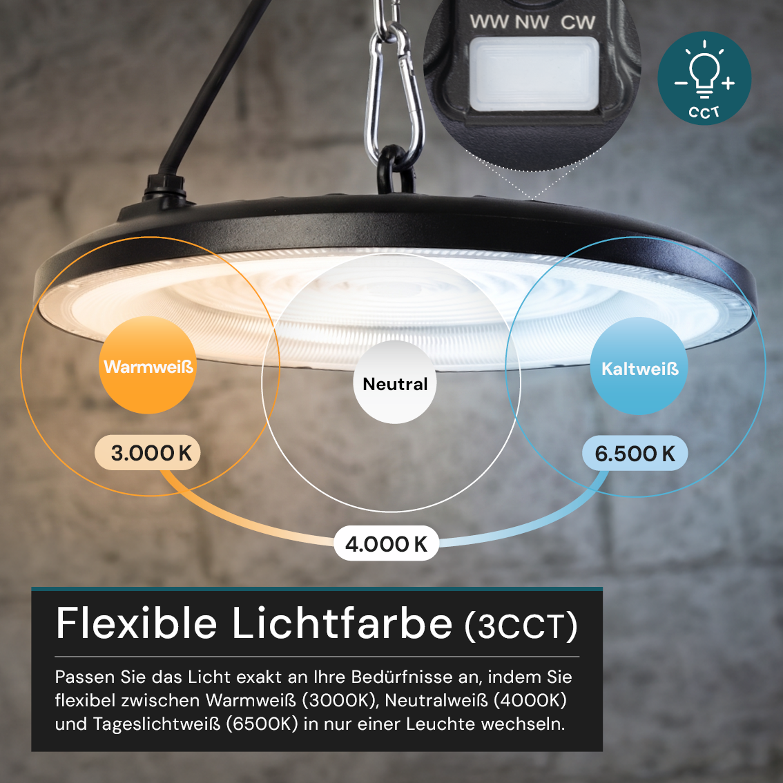 LED-HighBay, UFO, schwarz, 200 W, 20000 lm, 3CCT 3000-6500 K (warm-, neutral-, kaltweiß), IP65