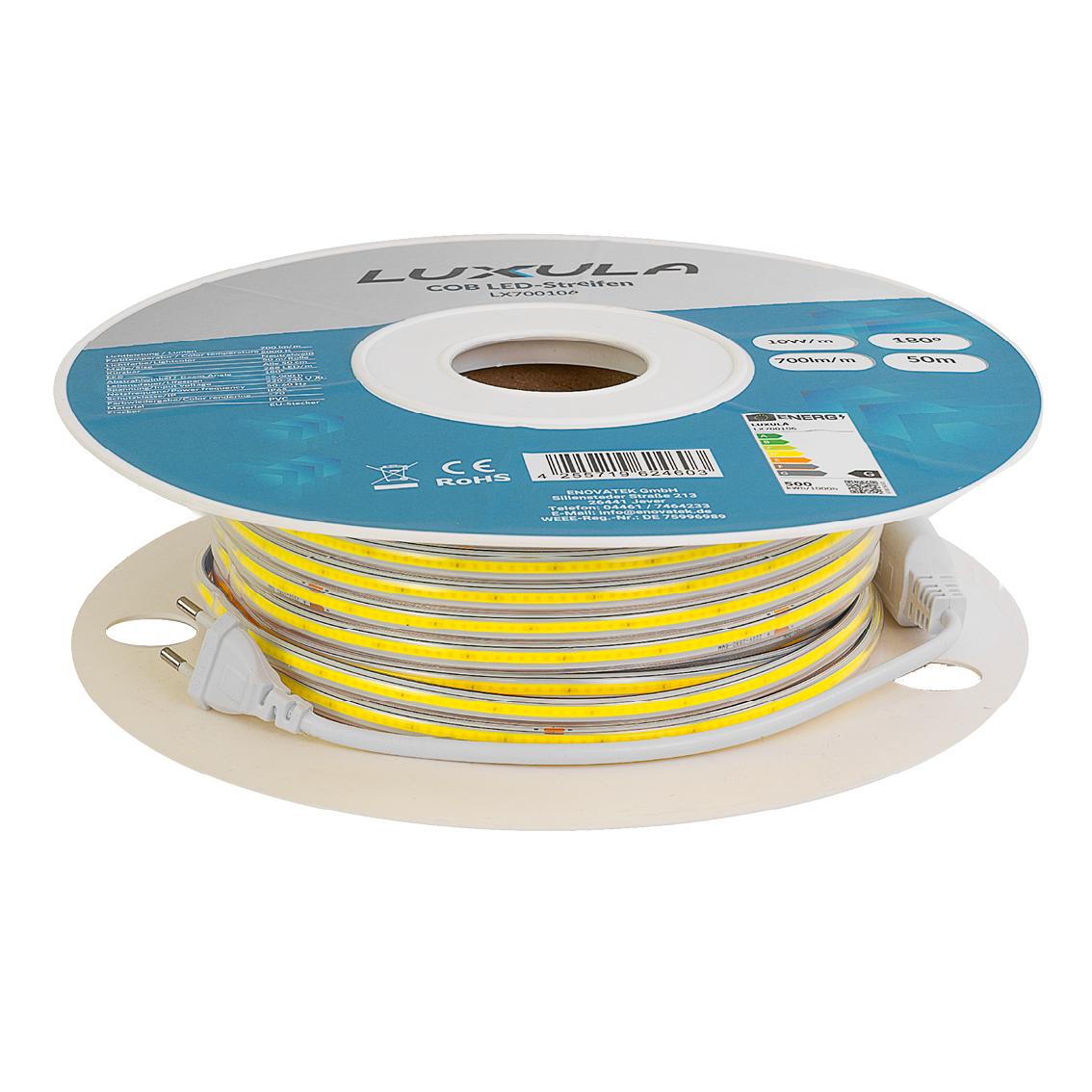 COB LED-Streifen, 50 m, 5000 K neutralweißes Licht, IP65-wassergeschützt, 288 LED/m, 220 V AC, EU-Stecker, 10 W/m, kürzbar und erweiterbar, Außen/Innen