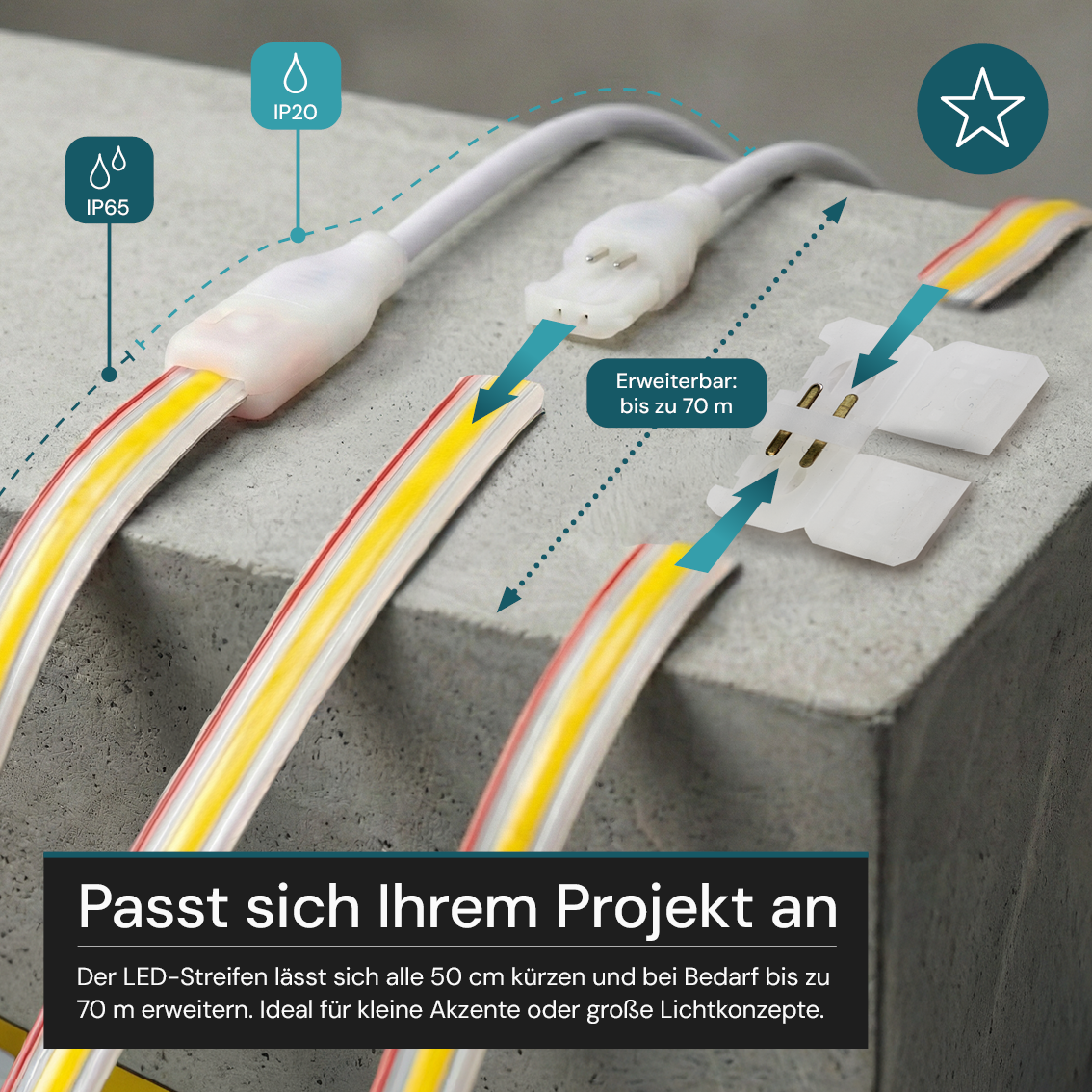 COB LED-Streifen, 50 m, 5000 K neutralweißes Licht, IP65-wassergeschützt, 288 LED/m, 220 V AC, EU-Stecker, 10 W/m, kürzbar und erweiterbar, Außen/Innen