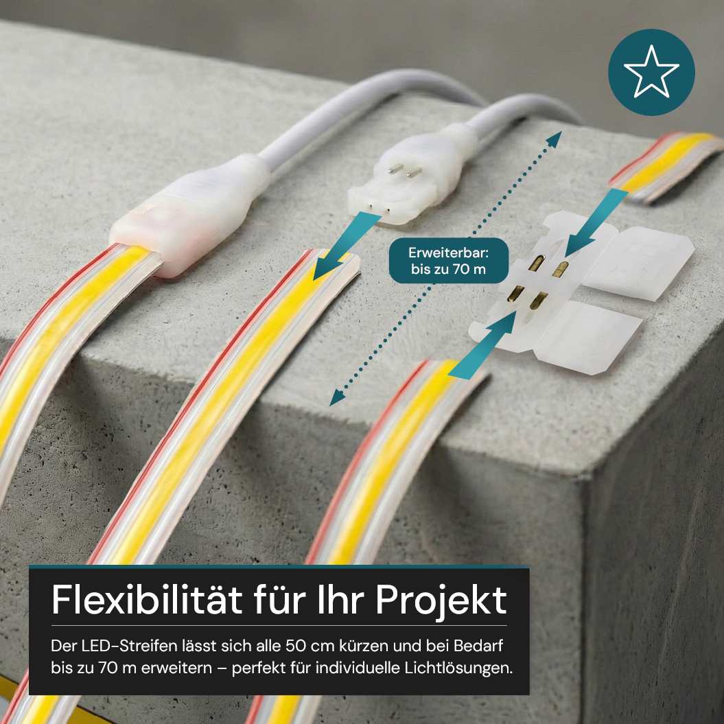 COB LED-Streifen, 50 m, grünes Licht, IP65-wassergeschützt, 288 LED/m, 220 V AC, EU-Stecker, 10 W/m, kürzbar und erweiterbar, Außen/Innen