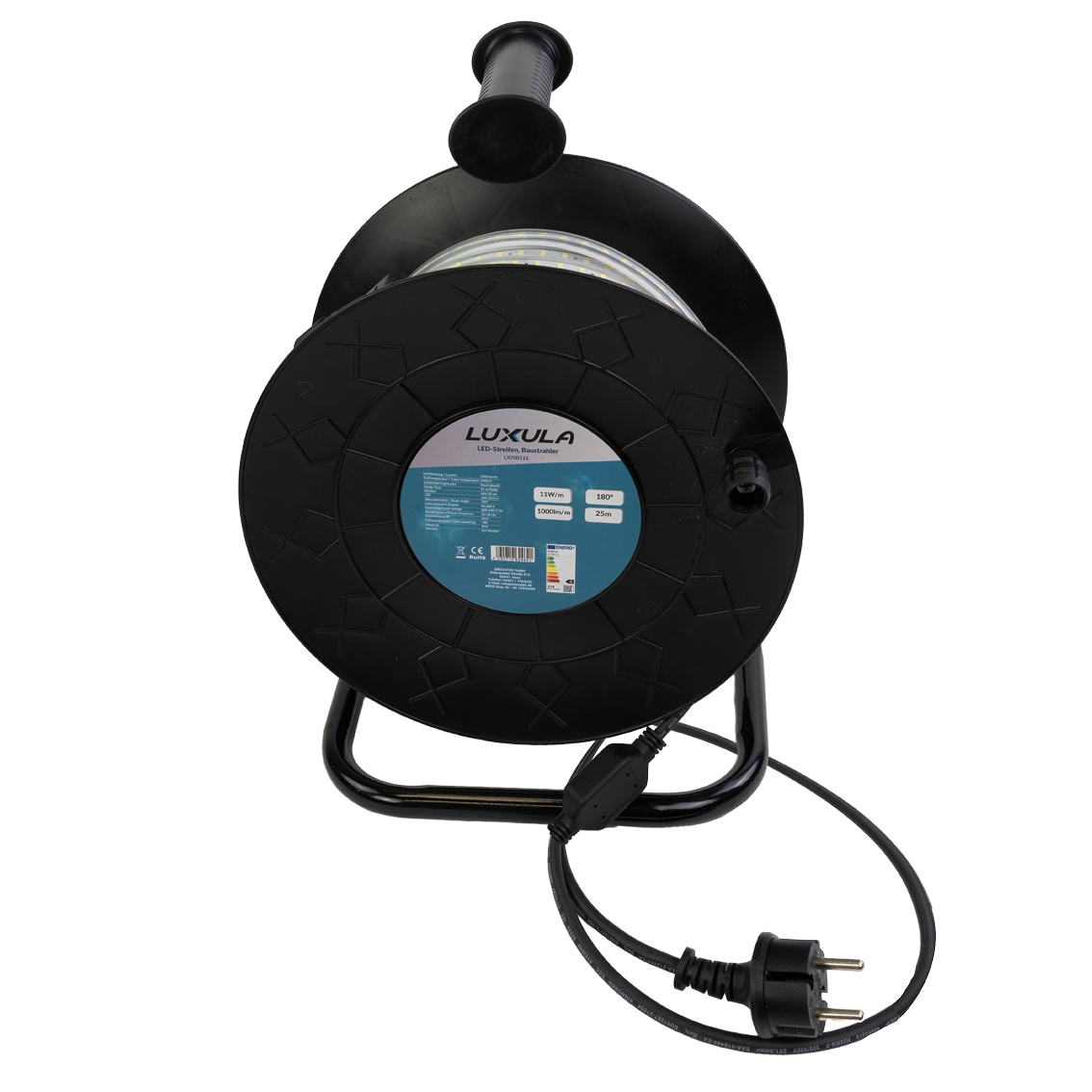 LED-Streifen, Baustrahler, 15 m, grünes Licht, IP65-wassergeschützt, 180 LED/m, 220 V AC, EU-Stecker, Lichtbandtrommel, kürzbar und erweiterbar, Außen/Innen