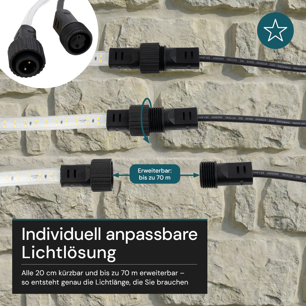 LED-Streifen, Baustrahler, 15 m, grünes Licht, IP65-wassergeschützt, 180 LED/m, 220 V AC, EU-Stecker, Lichtbandtrommel, kürzbar und erweiterbar, Außen/Innen