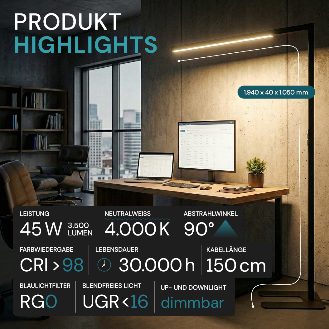 LED-Büro-Stehleuchte, Up/Down, UGR<16, CRI98, dimmbar, 45 W, 1940 x 40 x 1050 mm, 3500 lm, schwarz