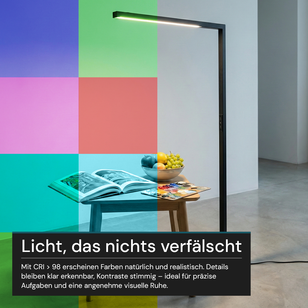 LED-Büro-Stehleuchte, Up/Down, UGR<16, CRI98, dimmbar, 45 W, 1940 x 40 x 1050 mm, 3500 lm, schwarz