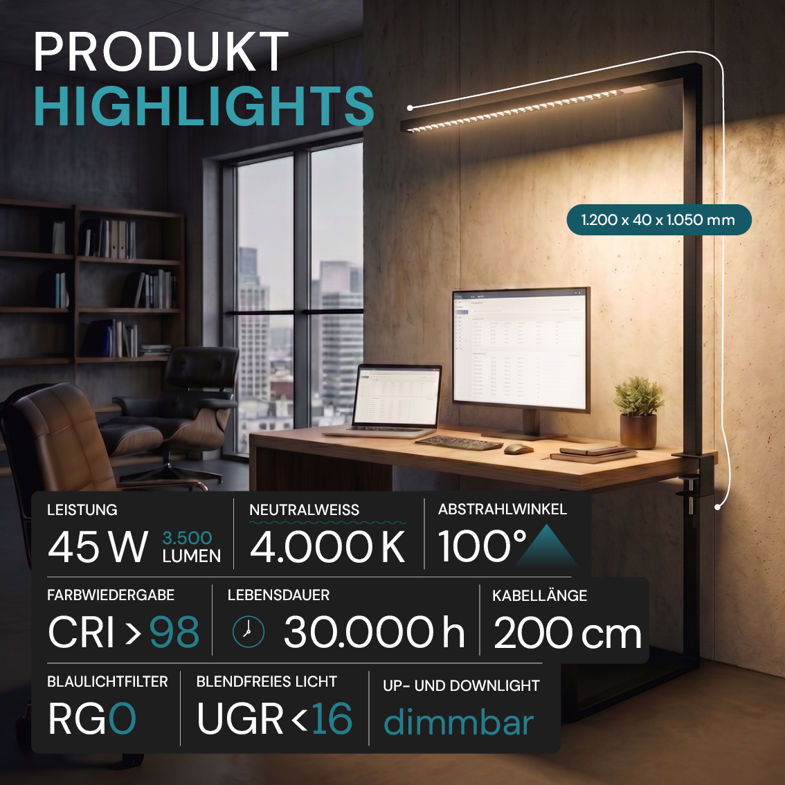 LED Büro-Klemmleuchtel Up/Down, UGR<16, CRI98, dimmbar, 45 W, 1200 x 40 x 1050 mm, 3500 lm, schwarz.