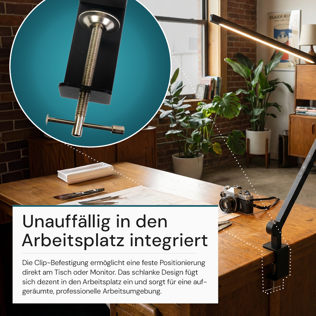LED-Schreibtischlampe mit Clip, in Schwarz, dimmbar, 5 Farbtemperaturstufen, 10 W, 450 lm, klemm- und verstellbare Monitorlampe