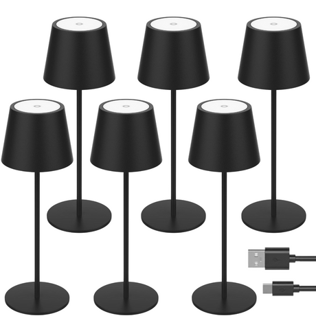 6er Set LED-Tischleuchte mit Akku, Dimm- & CCT-Funktion, wiederaufladbar, IP44, USB-C, schwarz.
