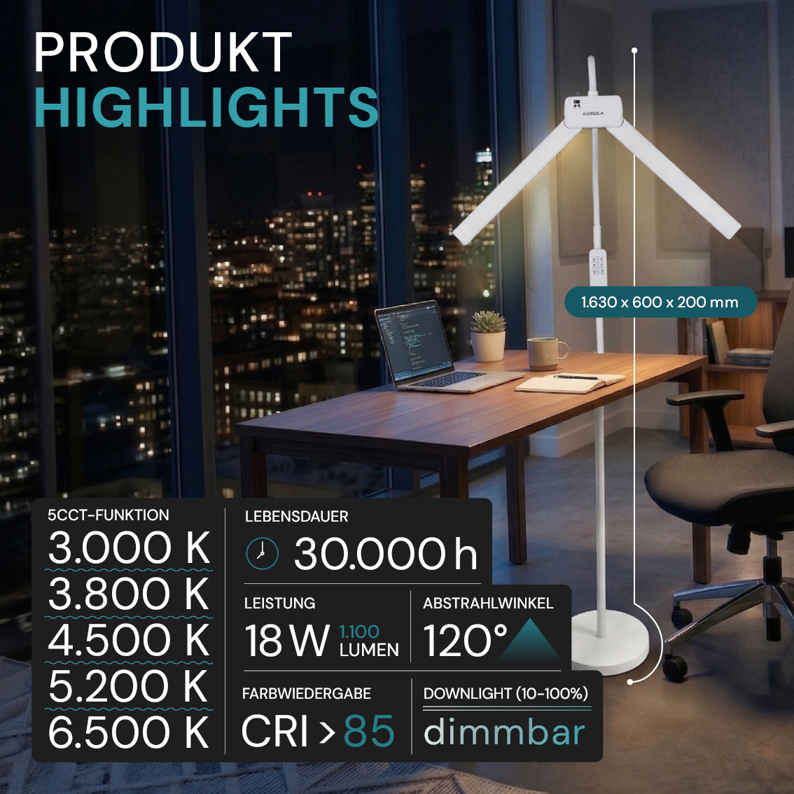 LED-Stehlampe- und Schreibtischlampe, Doppelkopf, in Weiß, dimmbar, 5 Farbtemperaturstufen, 18 W, 1100 lm, voll verstellbare Monitor-/Tischlampe mit kontaktlosem Ein-/Ausschalt-Sensor