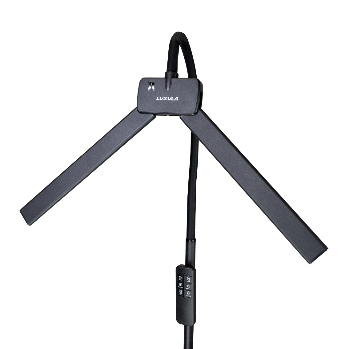 LED-Stehlampe- und Schreibtischlampe, Doppelkopf, in Schwarz, dimmbar, 5 Farbtemperaturstufen, 18 W, 1100 lm, voll verstellbare Monitor-/Tischlampe mit kontaktlosem Ein-/Ausschalt-Sensor.