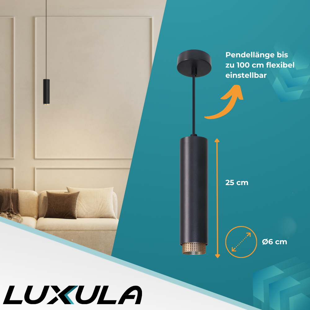 LED-Pendelleuchte, schwarz/gold, aus Aluminium, 1-flammig, GU10-Fassung, IP20.