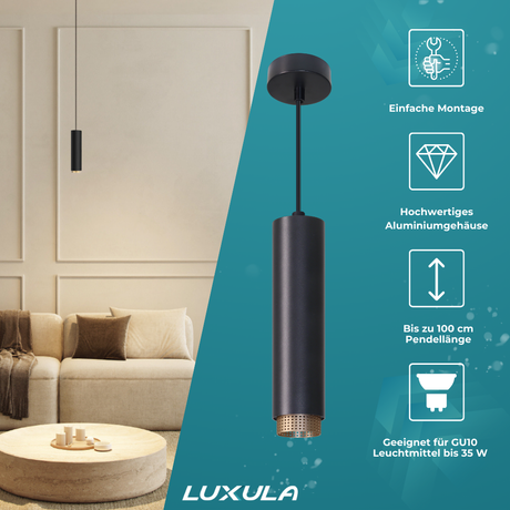 LED-Pendelleuchte, schwarz/gold, aus Aluminium, 1-flammig, GU10-Fassung, IP20.
