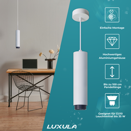 LED-Pendelleuchte, weiß/schwarz, aus Aluminium, 1-flammig, GU10-Fassung, IP20.