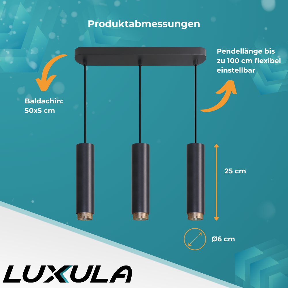 LED-Pendelleuchte, schwarz/gold, aus Aluminium, 3-flammig, GU10-Fassung, IP20.