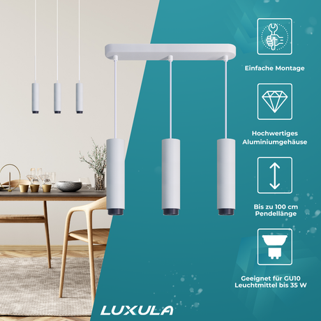 LED-Pendelleuchte, weiß/schwarz, aus Aluminium, 3-flammig, GU10-Fassung, IP20.
