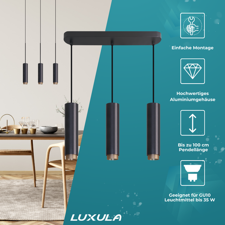 LED-Pendelleuchte, schwarz/gold, aus Aluminium, 3-flammig, GU10-Fassung, IP20.