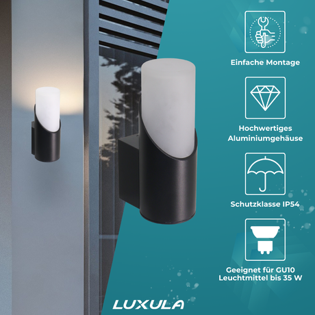 2er-Pack Moderne Wandleuchte, Innen/Außen, schwarz, GU10 Fassung, IP54, Aluminium.