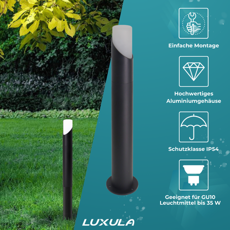 4er-Pack Moderne Wegeleuchte, schwarz, GU10 Fassung, IP54, Aluminium, mit Erdspieß, Höhe 52 cm.