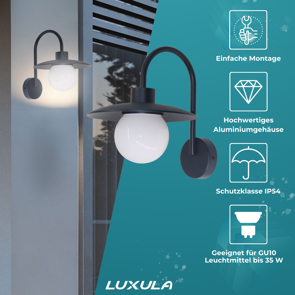 4er-Pack Elegante Wandleuchte, Innen/Außen, schwarz, E27 Fassung, IP54, Aluminium.