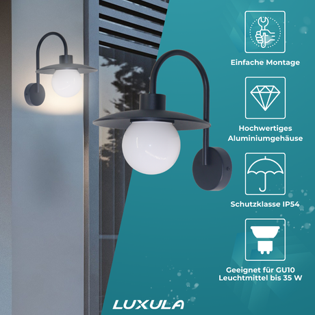 4er-Pack Elegante Wandleuchte, Innen/Außen, schwarz, E27 Fassung, IP54, Aluminium.