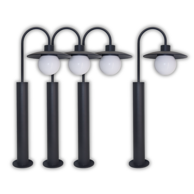 4er-Pack Elegante Wegeleuchte, schwarz, E27 Fassung, IP44, Aluminium, mit Erdspieß, Höhe 65 cm.
