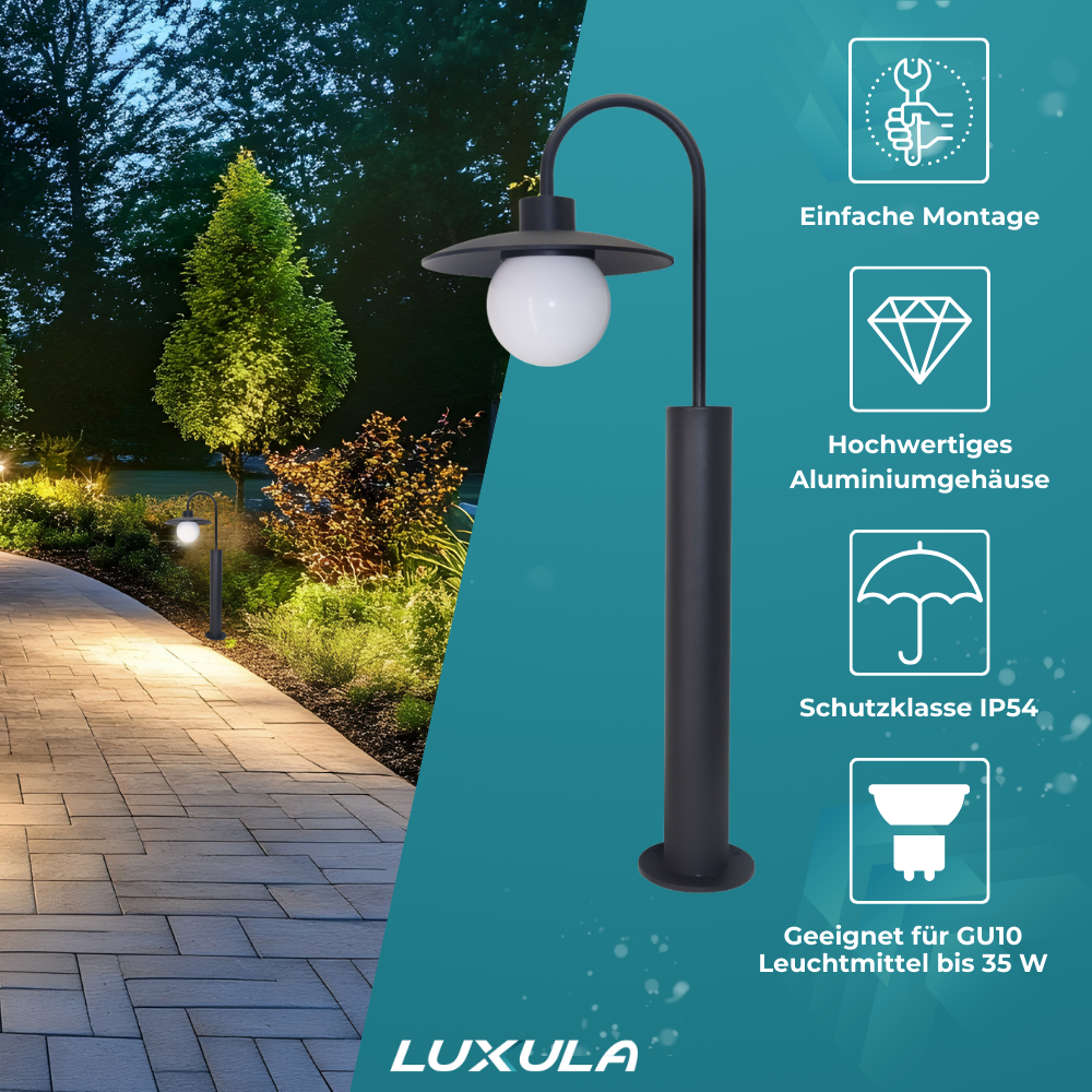 2er-Pack Elegante Wegeleuchte, schwarz, E27 Fassung, IP44, Aluminium, mit Erdspieß, Höhe 65 cm.