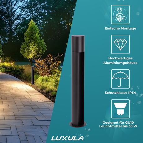 4er-Pack Edle Wegeleuchte, schwarz, GU10 Fassung, IP44, Aluminium, mit Erdspieß, Höhe 60 cm.