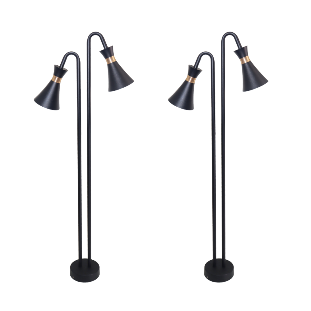 2er-Pack 2-köpfige Wegeleuchte, schwarz, GU10 Fassung, IP54, Aluminium, mit Erdspieß, Höhe 76,5 cm.