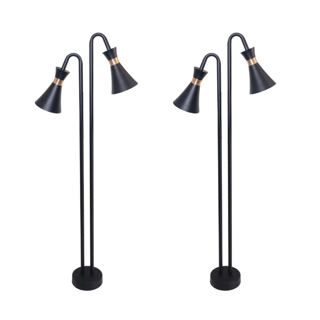 2er-Pack 2-köpfige Wegeleuchte, schwarz, GU10 Fassung, IP54, Aluminium, mit Erdspieß, Höhe 76,5 cm.