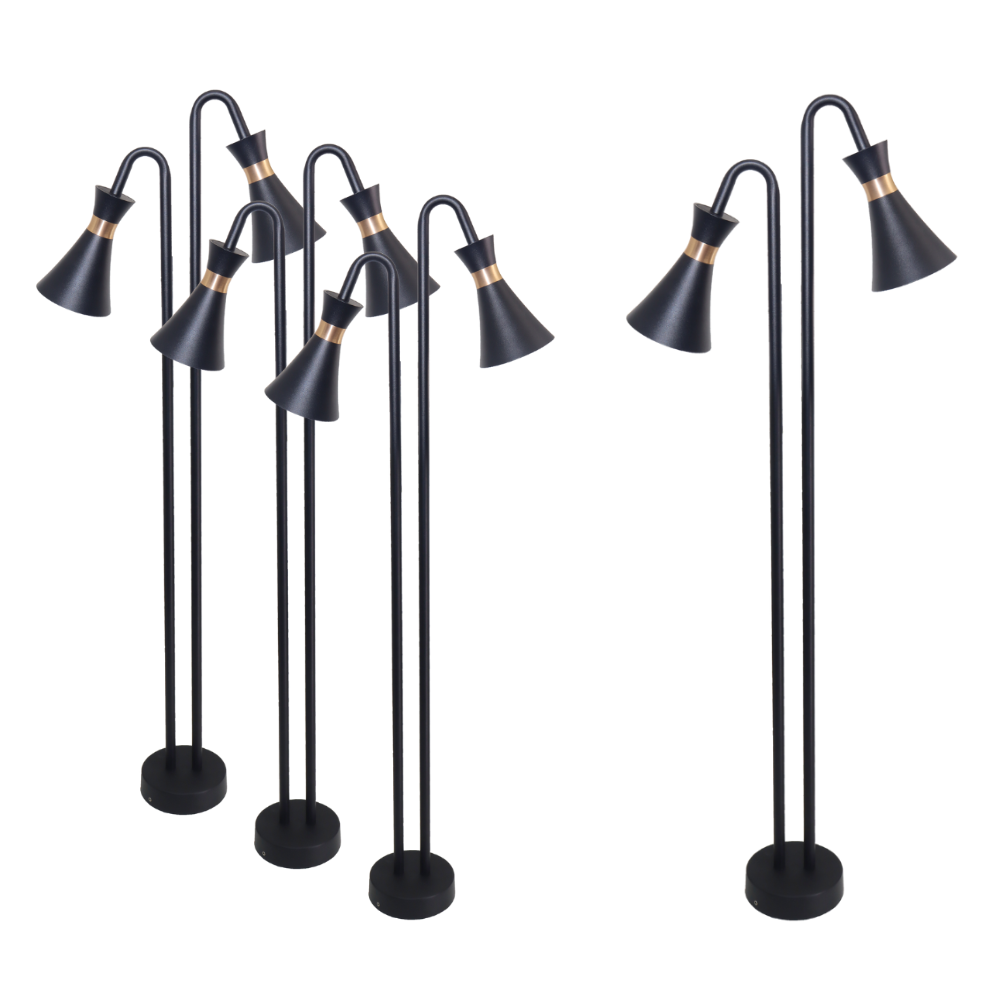 4er-Pack 2-köpfige Wegeleuchte, schwarz, GU10 Fassung, IP54, Aluminium, mit Erdspieß, Höhe 76,5 cm.