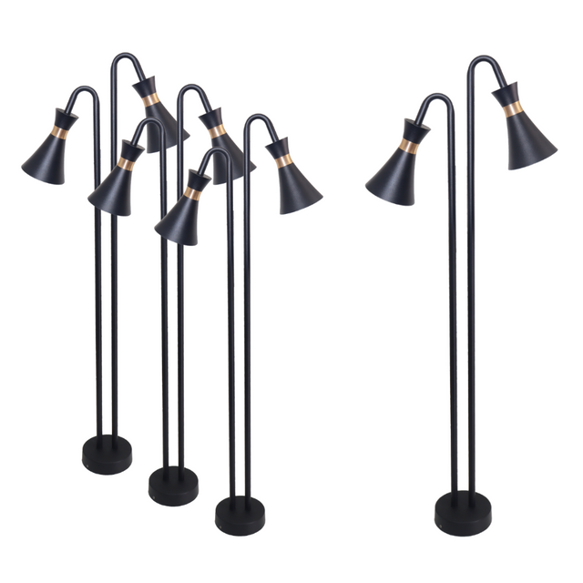 4er-Pack 2-köpfige Wegeleuchte, schwarz, GU10 Fassung, IP54, Aluminium, mit Erdspieß, Höhe 76,5 cm.