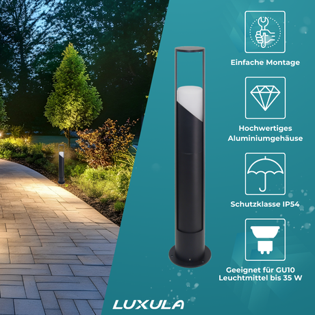 4er-Pack Schöne Wegeleuchte, schwarz, GU10 Fassung, IP44, Aluminium, mit Erdspieß, Höhe 60 cm.