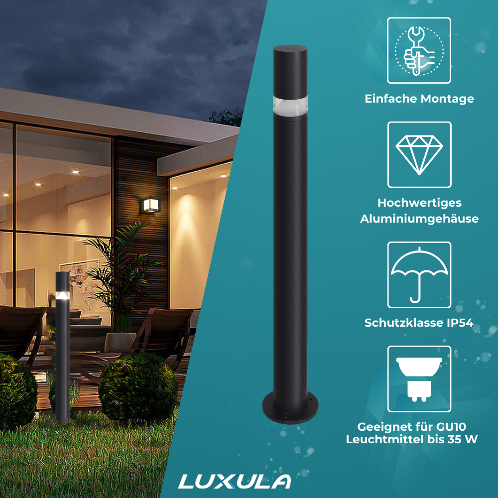 2er-Pack Wegeleuchte mit 360° Lichtkegel, schwarz, GU10 Fassung, IP44, Aluminium, mit Erdspieß, Höhe 63 cm.