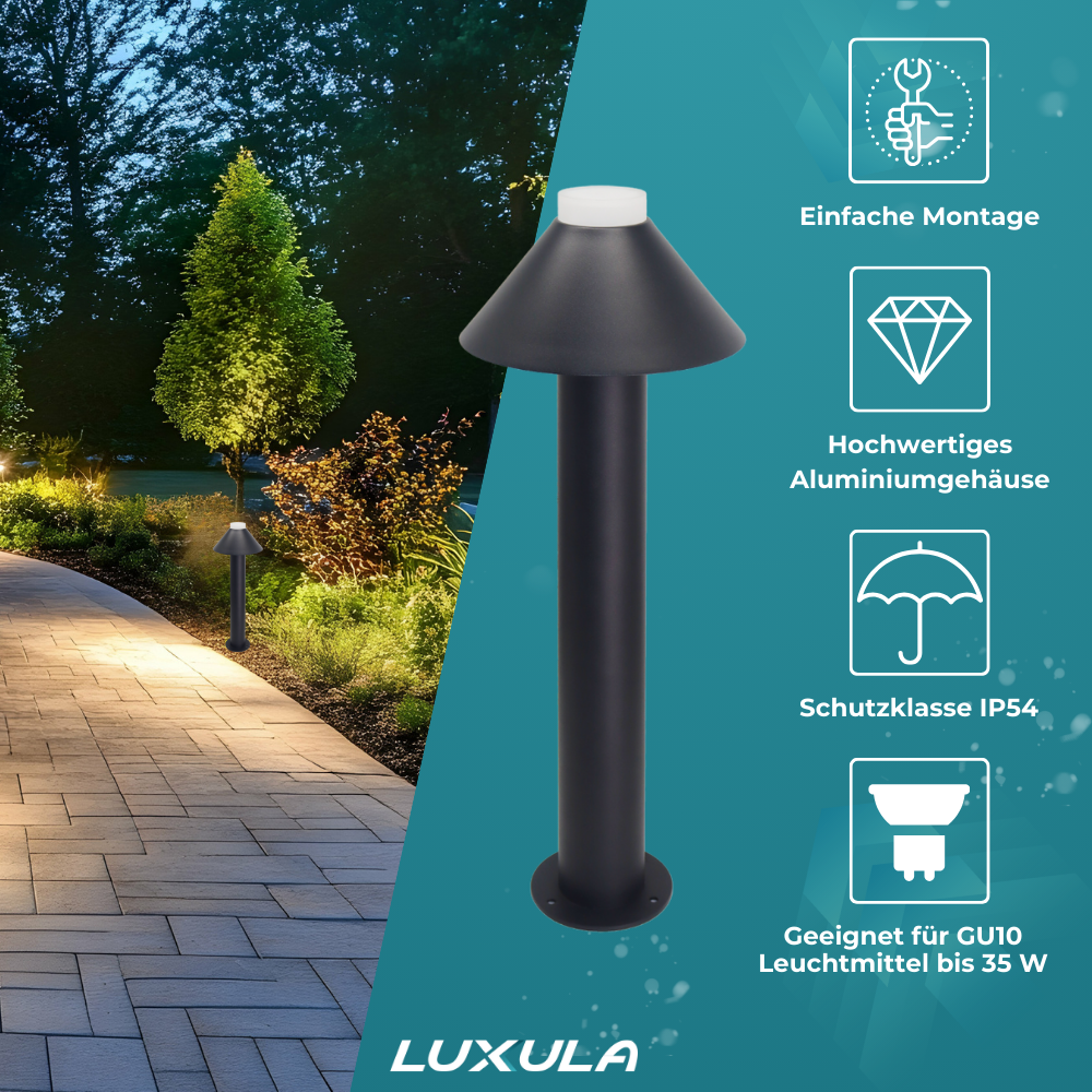 2er-Pack Stilvolle Wegeleuchte, schwarz, GU10 Fassung, IP44, Aluminium, mit Erdspieß, Höhe 60 cm.