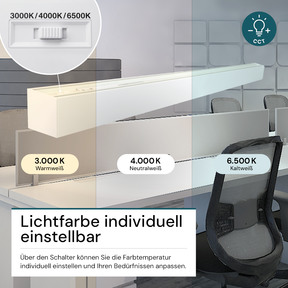 LED Büro-/Tresenleuchte, in Weiß, 120 cm, 40W, 4800 lm, 3000-6500 K (CCT), EAGLERISE Netzteil.