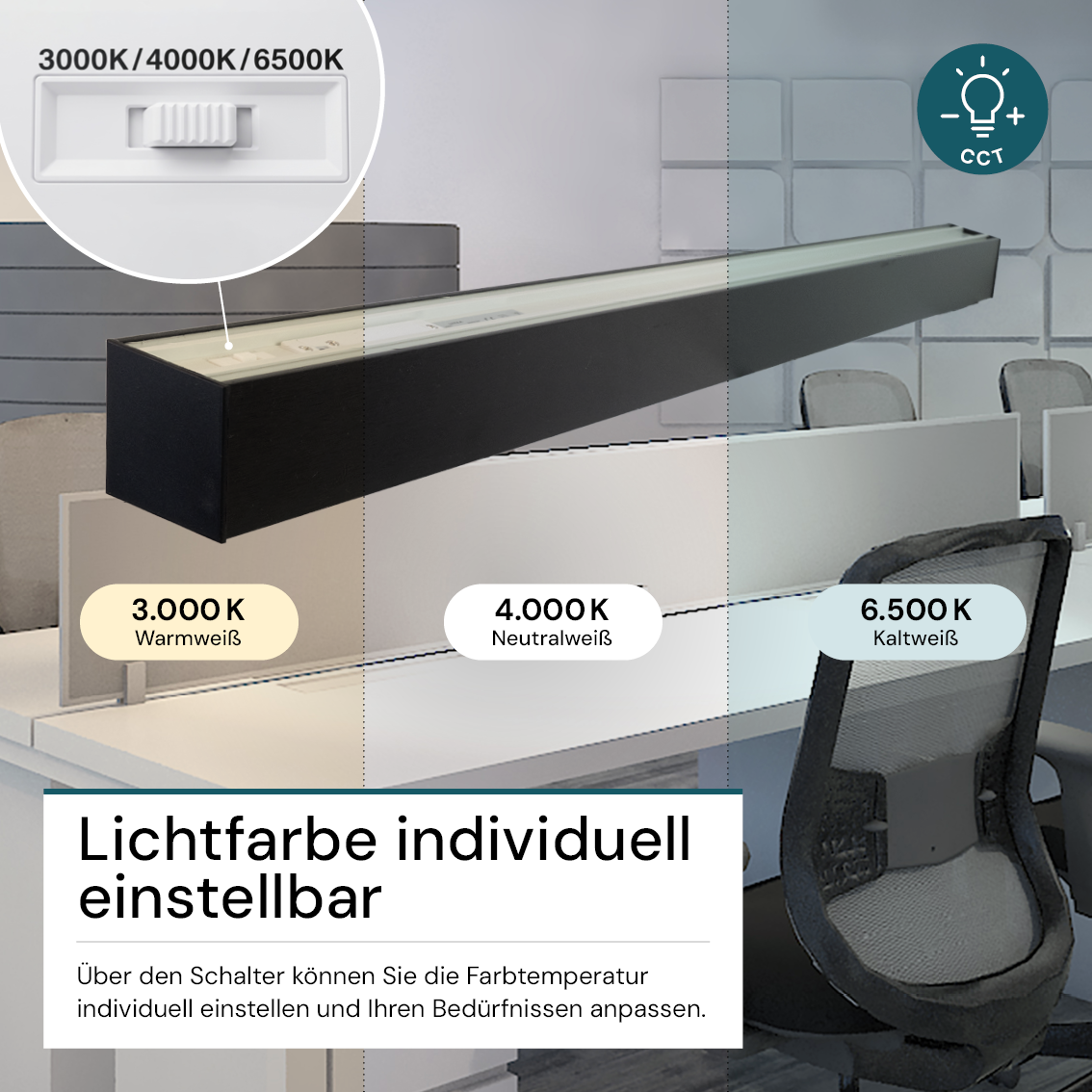LED Büro-/Tresenleuchte, in Schwarz, 120 cm, 40W, 4800 lm, 3000-6500 K (CCT), EAGLERISE Netzteil.