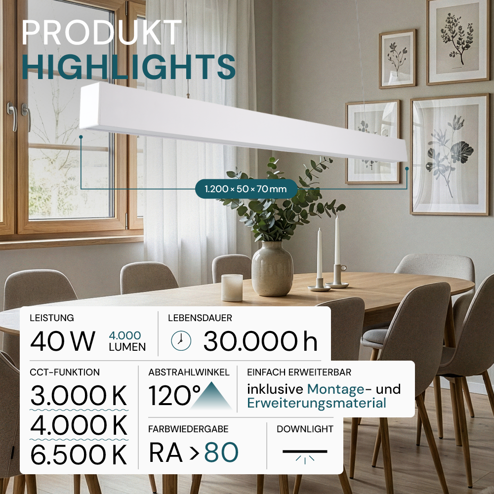 LED Büro-/Tresenleuchte, in Weiß, 120 cm, 40W, 4000 lm, 3000-6500 K (CCT), LIFUD Netzteil, erweiterbar, Aluminium