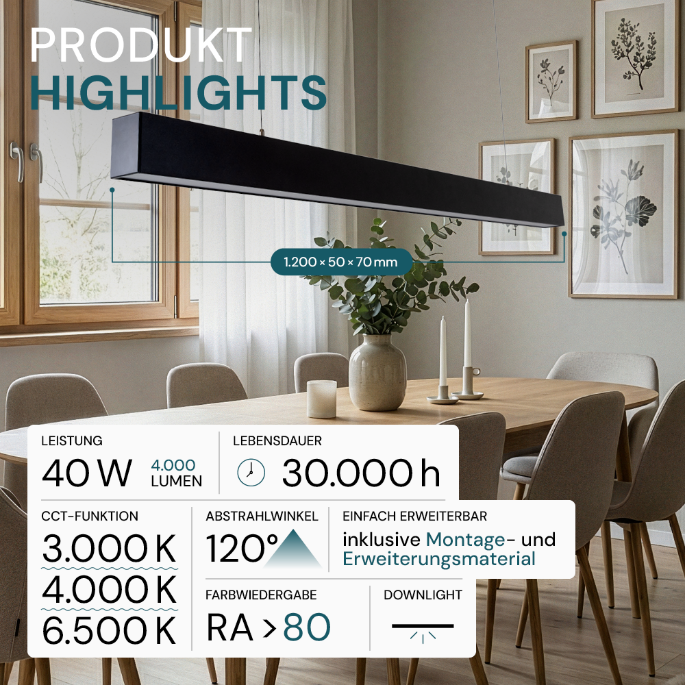LED Büro-/Tresenleuchte, in Schwarz, 120 cm, 40W, 4000 lm, 3000-6500 K (CCT), LIFUD Netzteil, erweiterbar, Aluminium