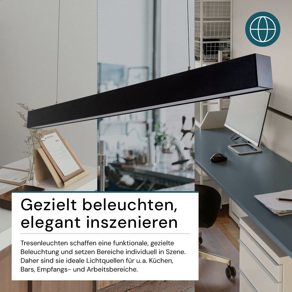 LED Büro-/Tresenleuchte, in Schwarz, 120 cm, 40W, 4000 lm, 3000-6500 K (CCT), LIFUD Netzteil, erweiterbar, Aluminium