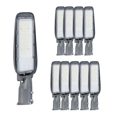 10er Pack LED Straßenleuchte, 100 W, 3000 K (warmweiß), 10000 lm, grau, IP65, Wand- und Mastmontage.