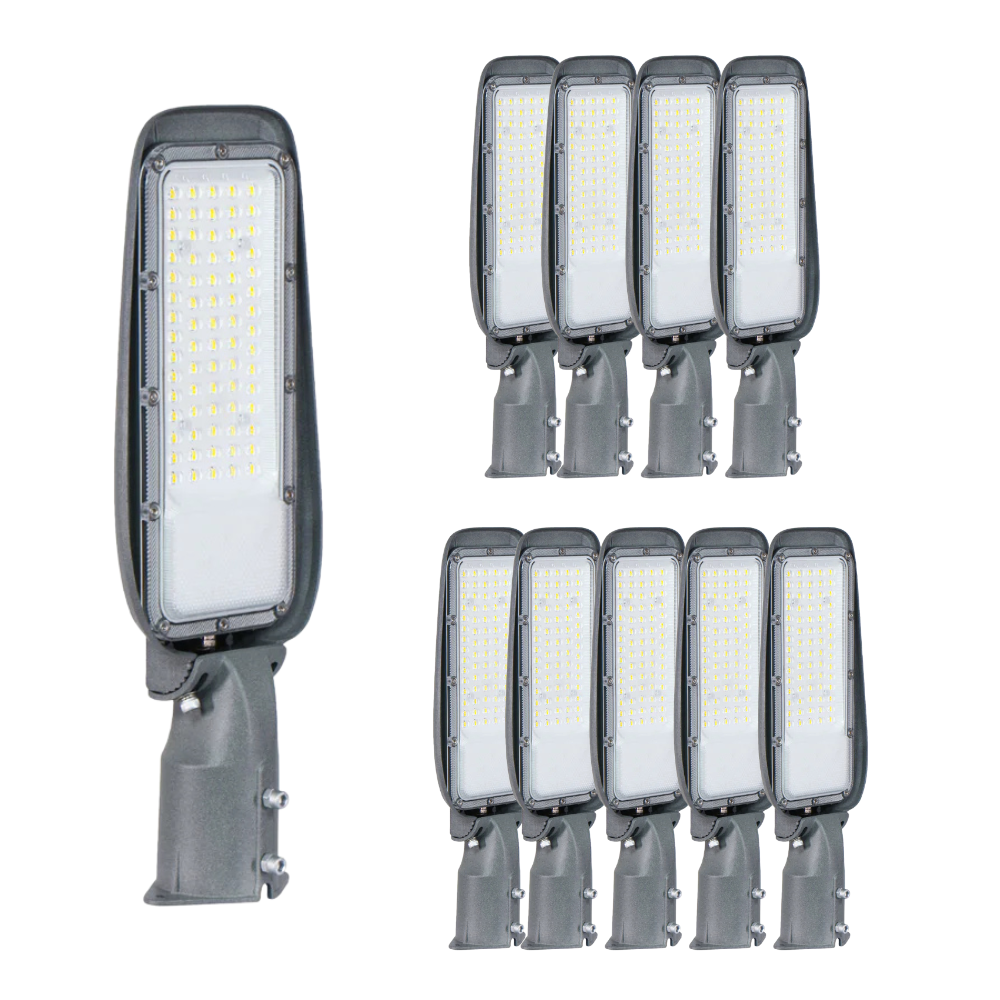 10er Pack LED Straßenleuchte, 150 W, 3000 K (warmweiß), 15000 lm, grau, IP65, Wand- und Mastmontage.