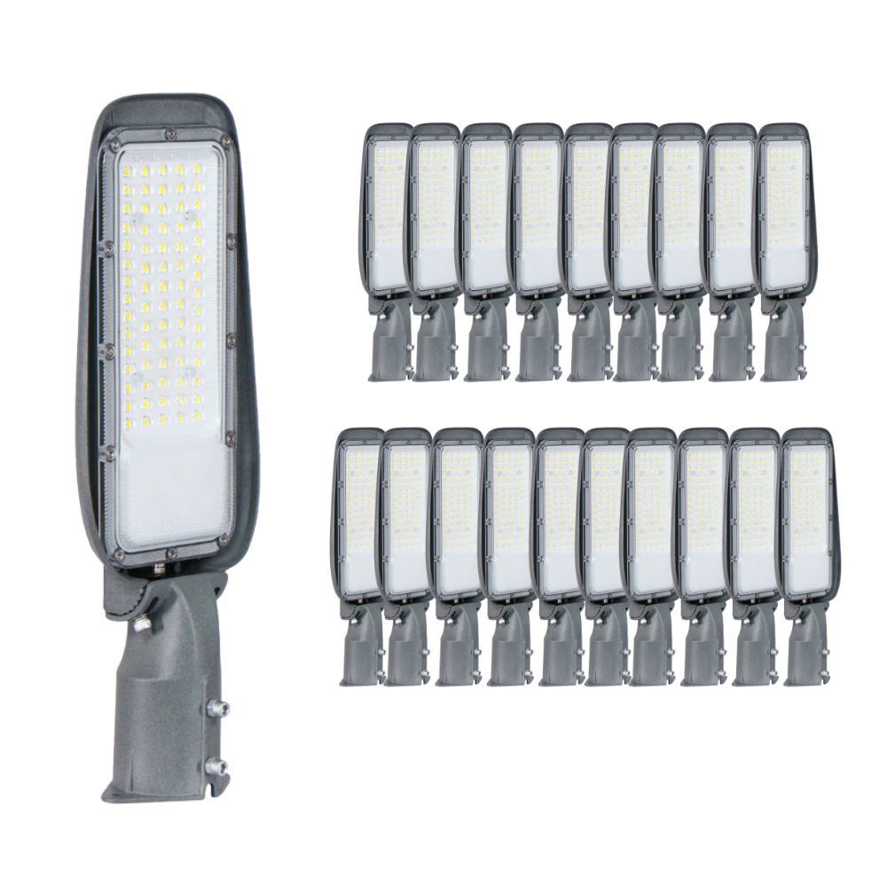 20er Pack LED Straßenleuchte, 50 W, 3000 K (warmweiß), 5000 lm, grau, IP65, Wand- und Mastmontage.