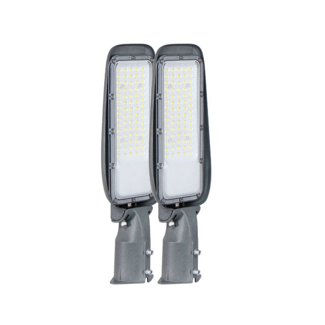 2er Pack LED Straßenleuchte, 150 W, 3000 K (warmweiß), 15000 lm, grau, IP65, Wand- und Mastmontage.