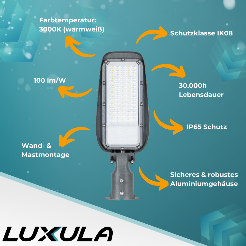 2er Pack LED Straßenleuchte, 30 W, 3000 K (warmweiß), 3000 lm, grau, IP65, Wand- und Mastmontage.