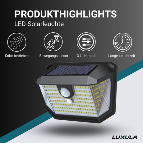 Solar-Wandleuchte mit PIR-Lichtsensor, 7 Stunden Leuchtdauer, mit 3 Lichtmodi, IP44-geschützt und in kaltweiß.